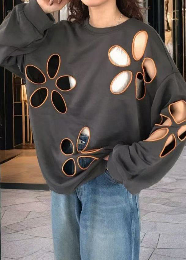 Boho Grey Oversized Hollow Out Cotton Pullover Streetwear Spring