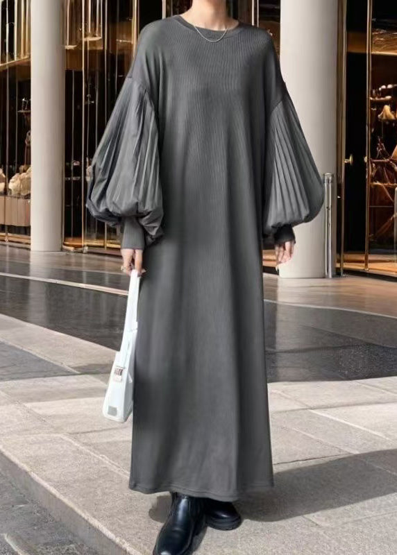 Boho Grey Oversized Patchwork Cotton Dress Lantern Sleeve