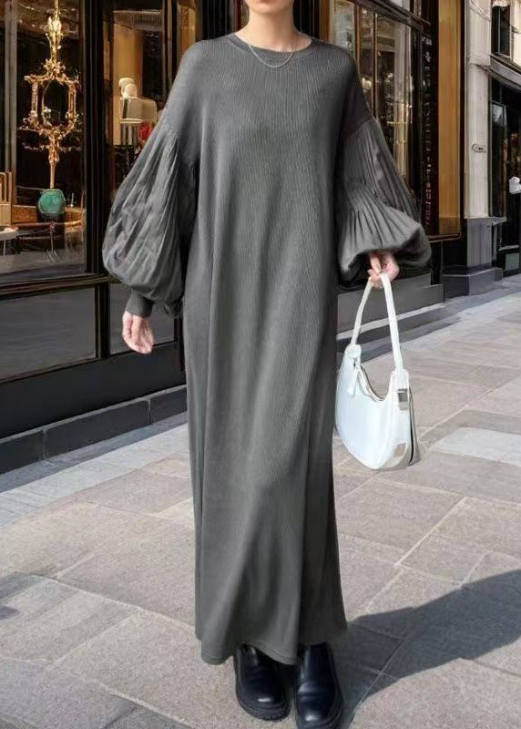 Boho Grey Oversized Patchwork Cotton Dress Lantern Sleeve