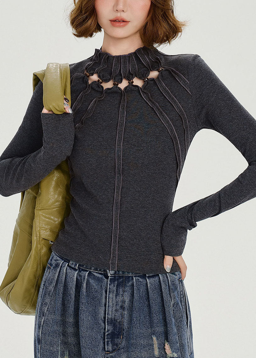Boho Grey Stand Collar Hollow Out Cotton Tops Fall