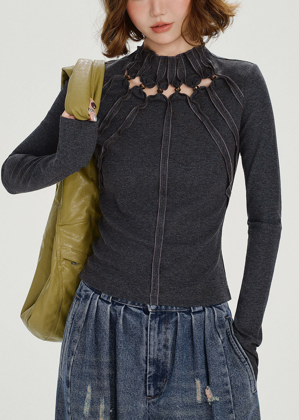 Boho Grey Stand Collar Hollow Out Cotton Tops Fall