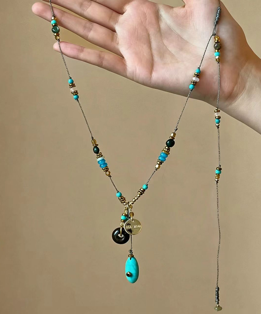 Boho Imitation Turquoise Beaded Braided Cord Lariat Necklace