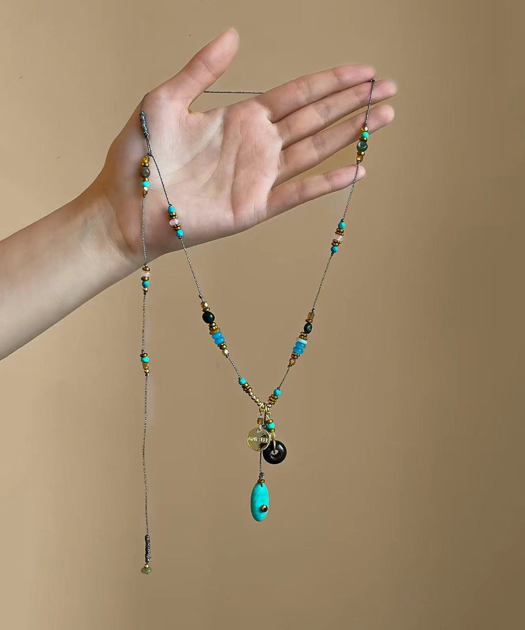 Boho Imitation Turquoise Beaded Braided Cord Lariat Necklace