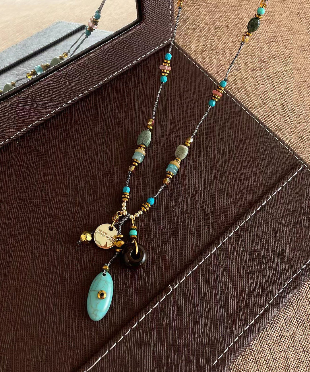 Boho Imitation Turquoise Beaded Braided Cord Lariat Necklace