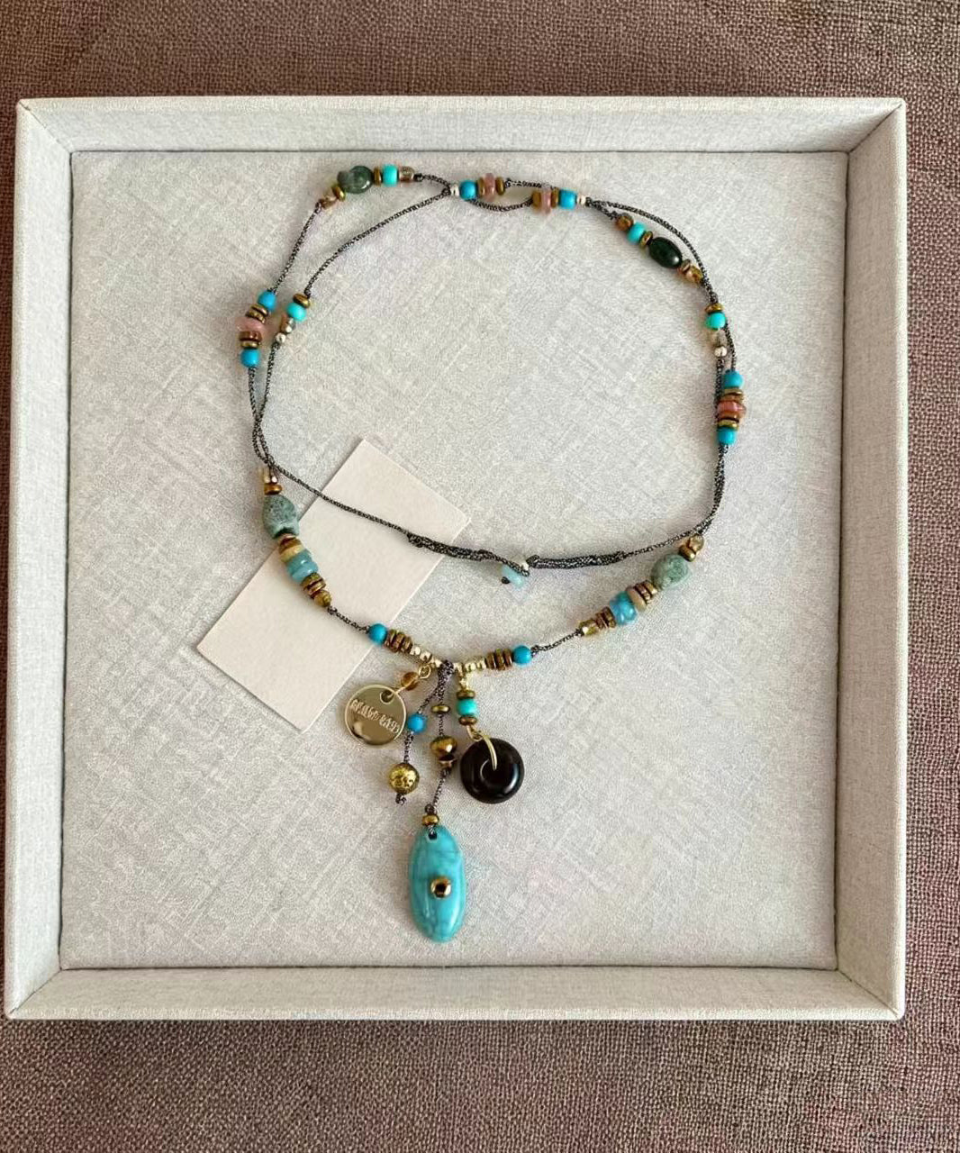 Boho Imitation Turquoise Beaded Braided Cord Lariat Necklace