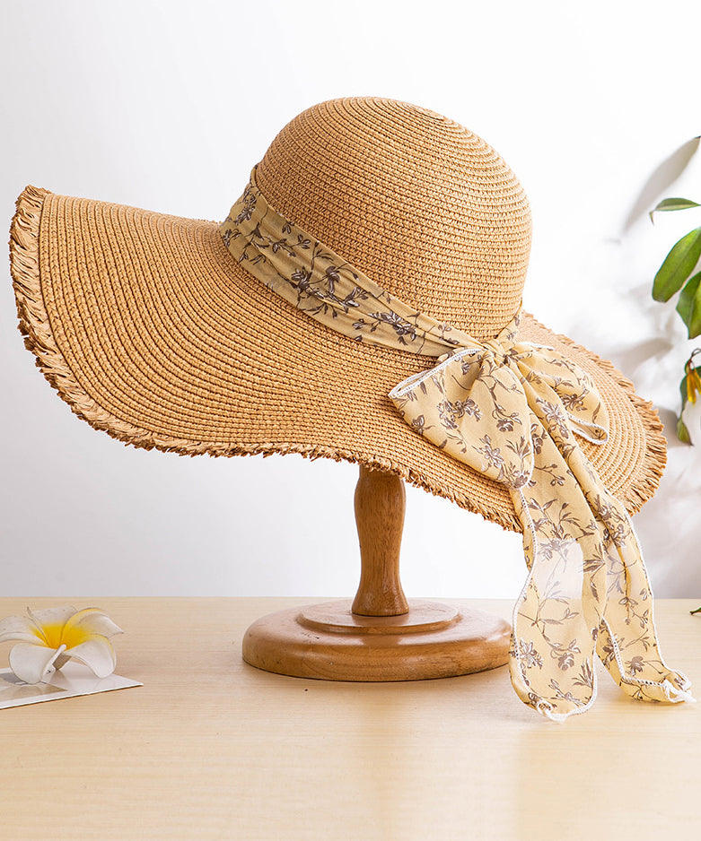 Boho Khaki Bow Big Side Straw Woven Floppy Sun Hat
