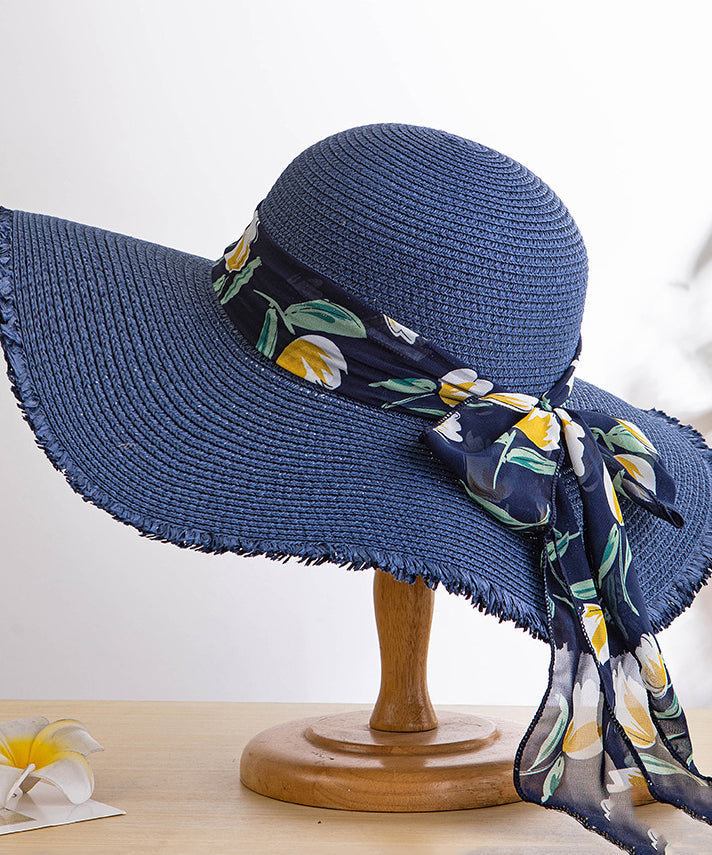 Boho Khaki Bow Big Side Straw Woven Floppy Sun Hat
