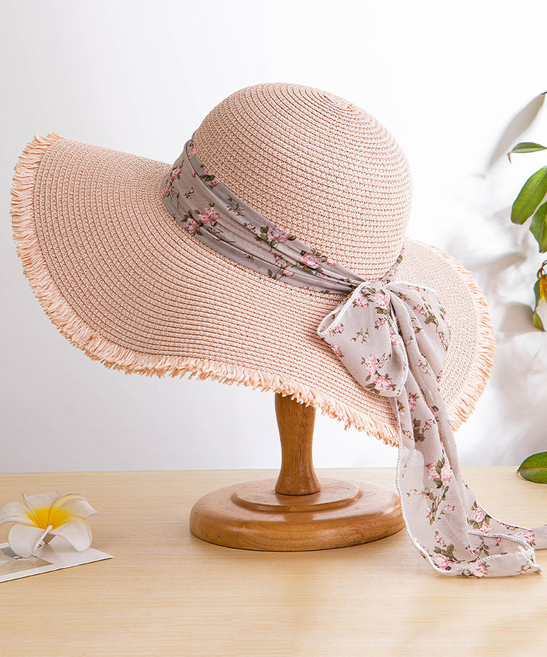 Boho Khaki Bow Big Side Straw Woven Floppy Sun Hat