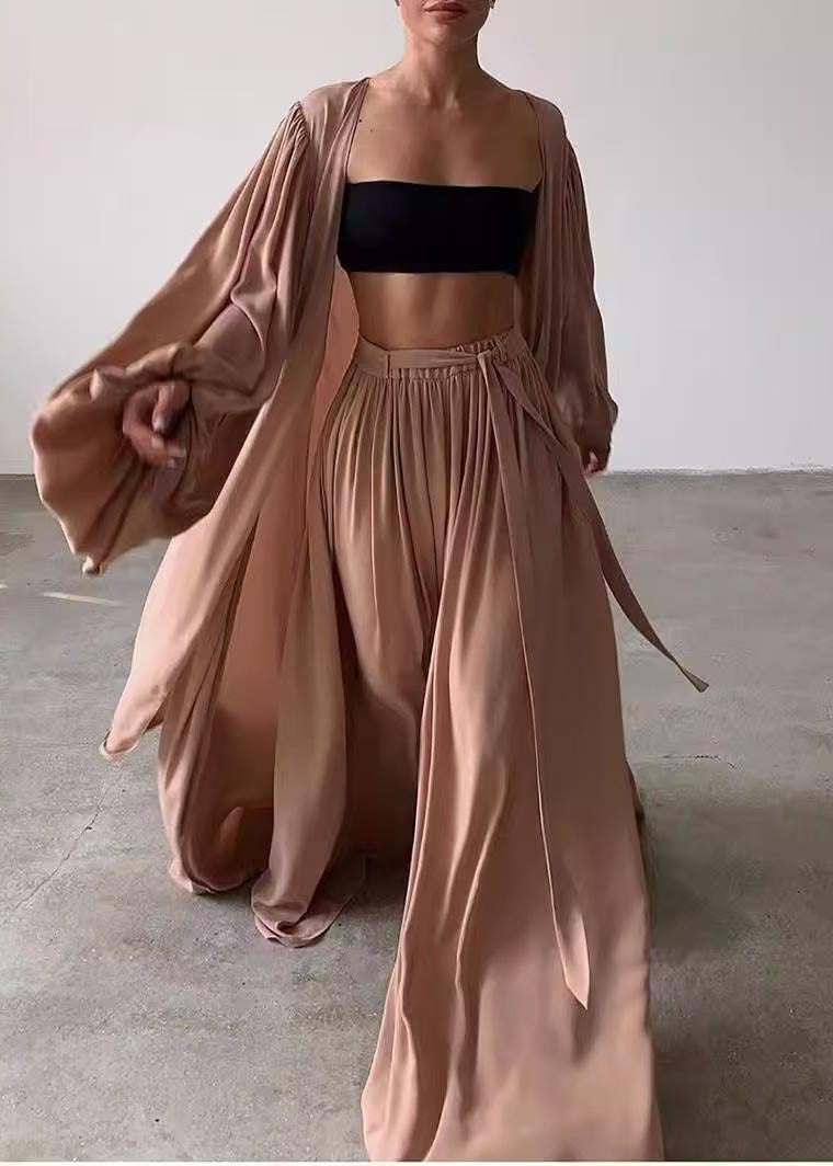 Boho Khaki Oversized Chiffon Three Pieces Set Lantern Sleeve