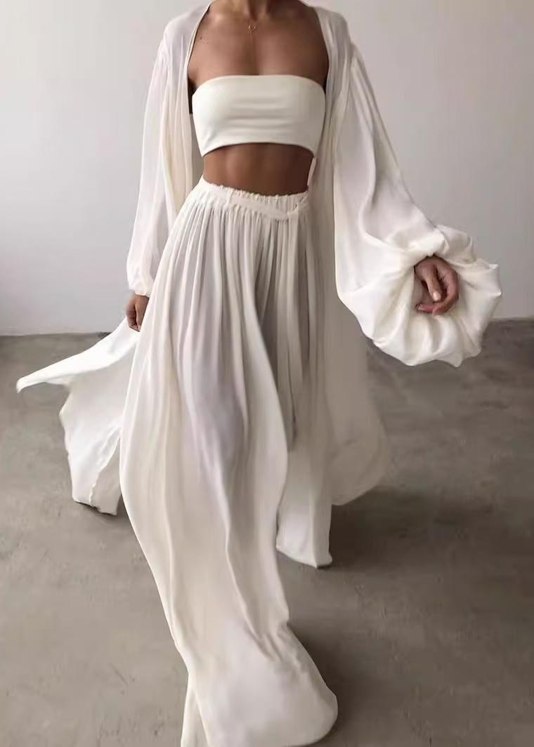 Boho Khaki Oversized Chiffon Three Pieces Set Lantern Sleeve