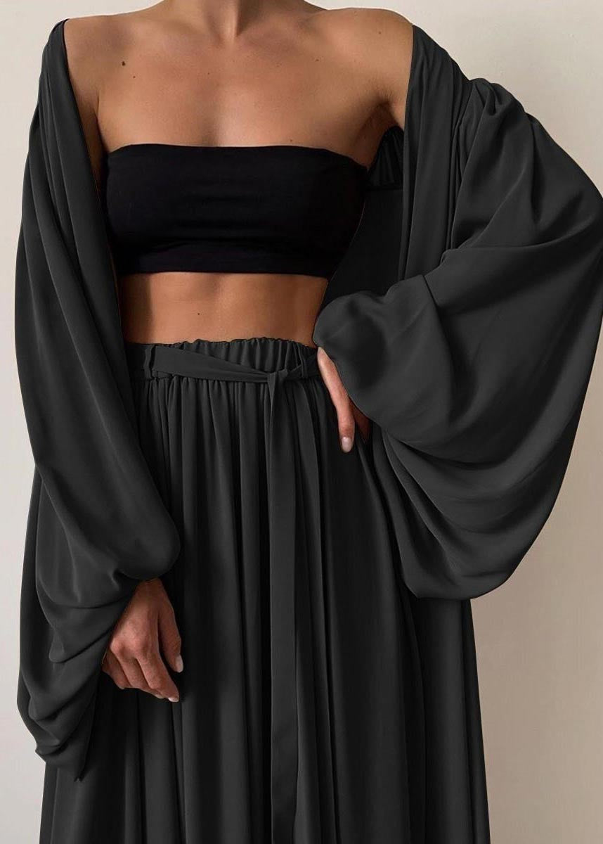 Boho Khaki Oversized Chiffon Three Pieces Set Lantern Sleeve