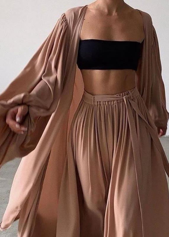 Boho Khaki Oversized Chiffon Three Pieces Set Lantern Sleeve