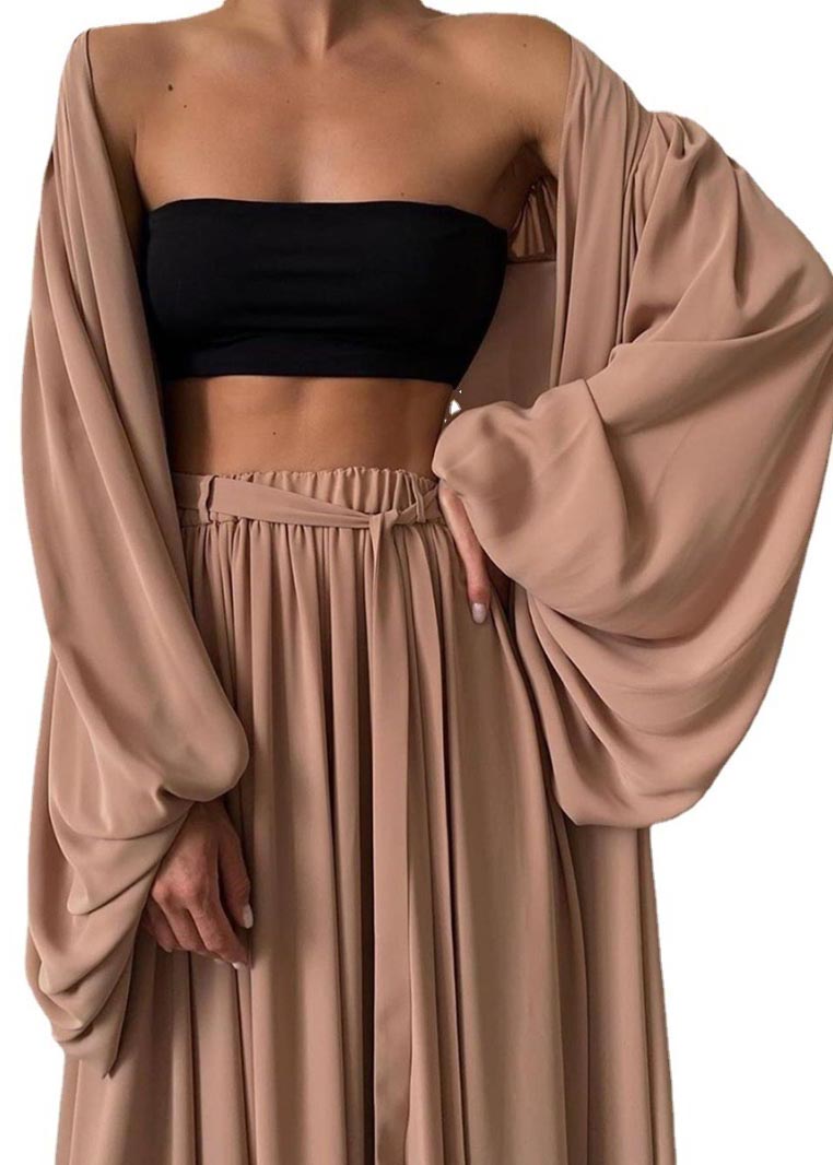 Boho Khaki Oversized Chiffon Three Pieces Set Lantern Sleeve