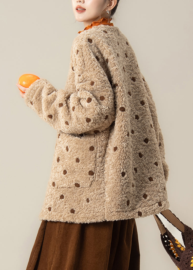 Boho Khaki Oversized Jacquard Warm Faux Wool Jackets Winter