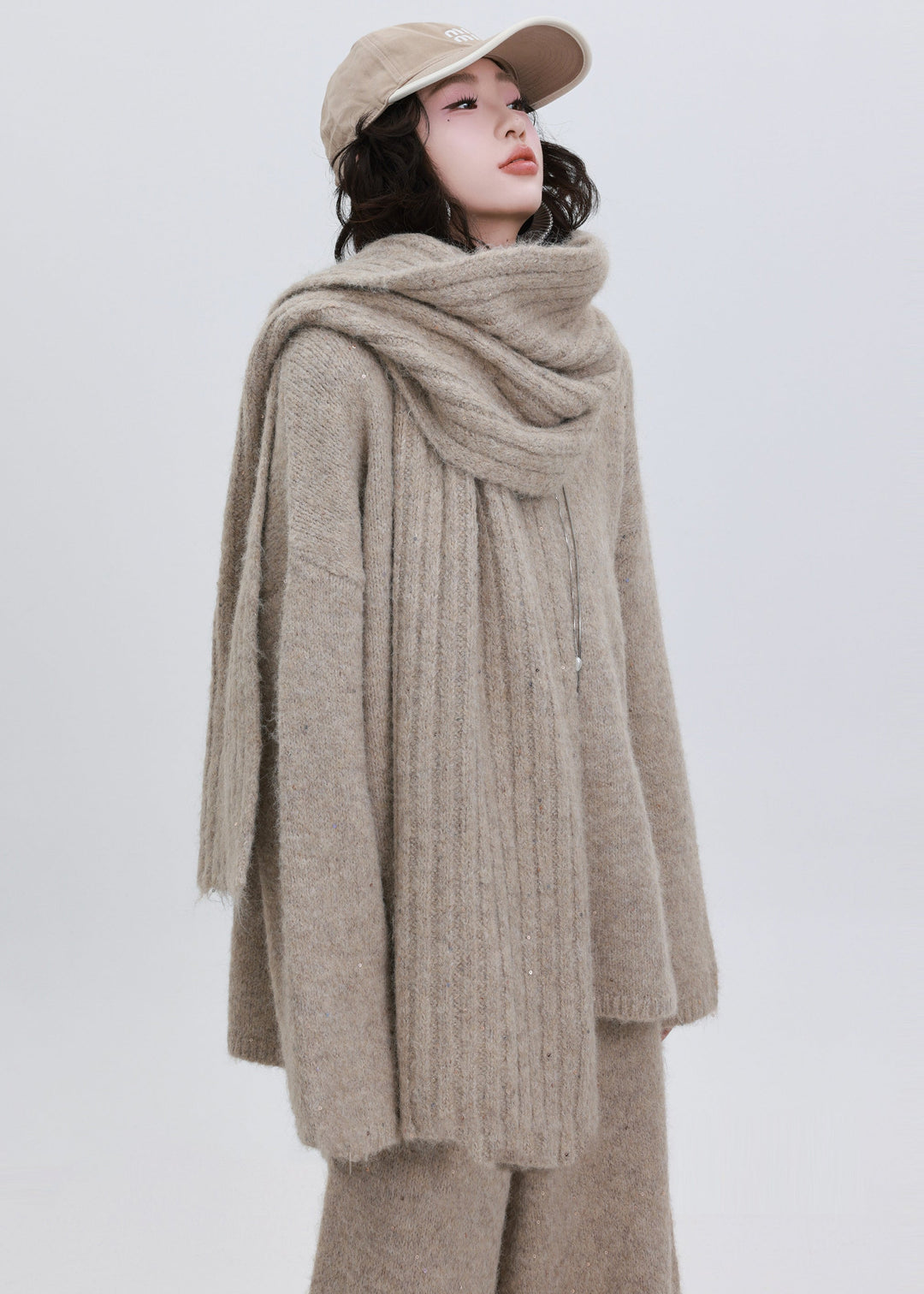 Boho Khaki Sequins Warm Wool Knit Cozy Scarf