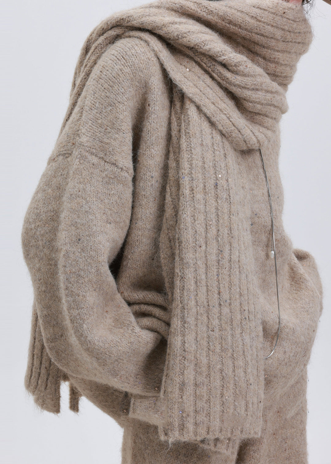 Boho Khaki Sequins Warm Wool Knit Cozy Scarf