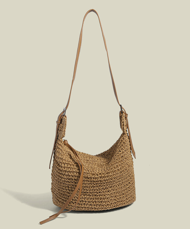 Boho Khaki Solid Durable Straw Woven Bucket Bag