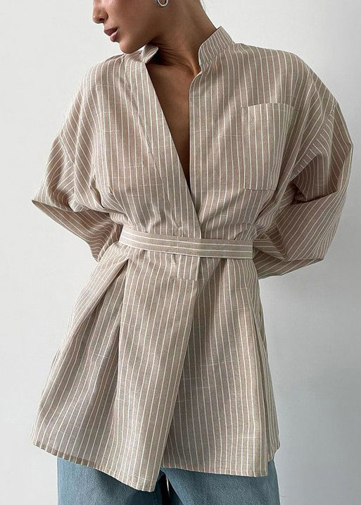 Boho Khaki Striped Linen Tunic Shirt Top Fall