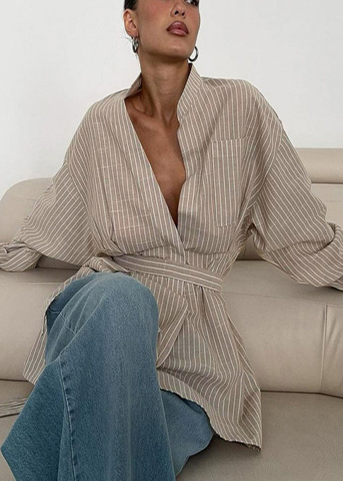 Boho Khaki Striped Linen Tunic Shirt Top Fall