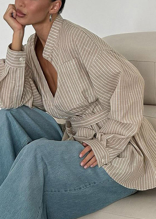 Boho Khaki Striped Linen Tunic Shirt Top Fall