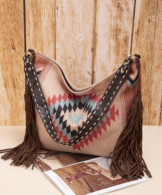 Boho Khaki Tassel Large Capacity Canvas Shoulder Bag