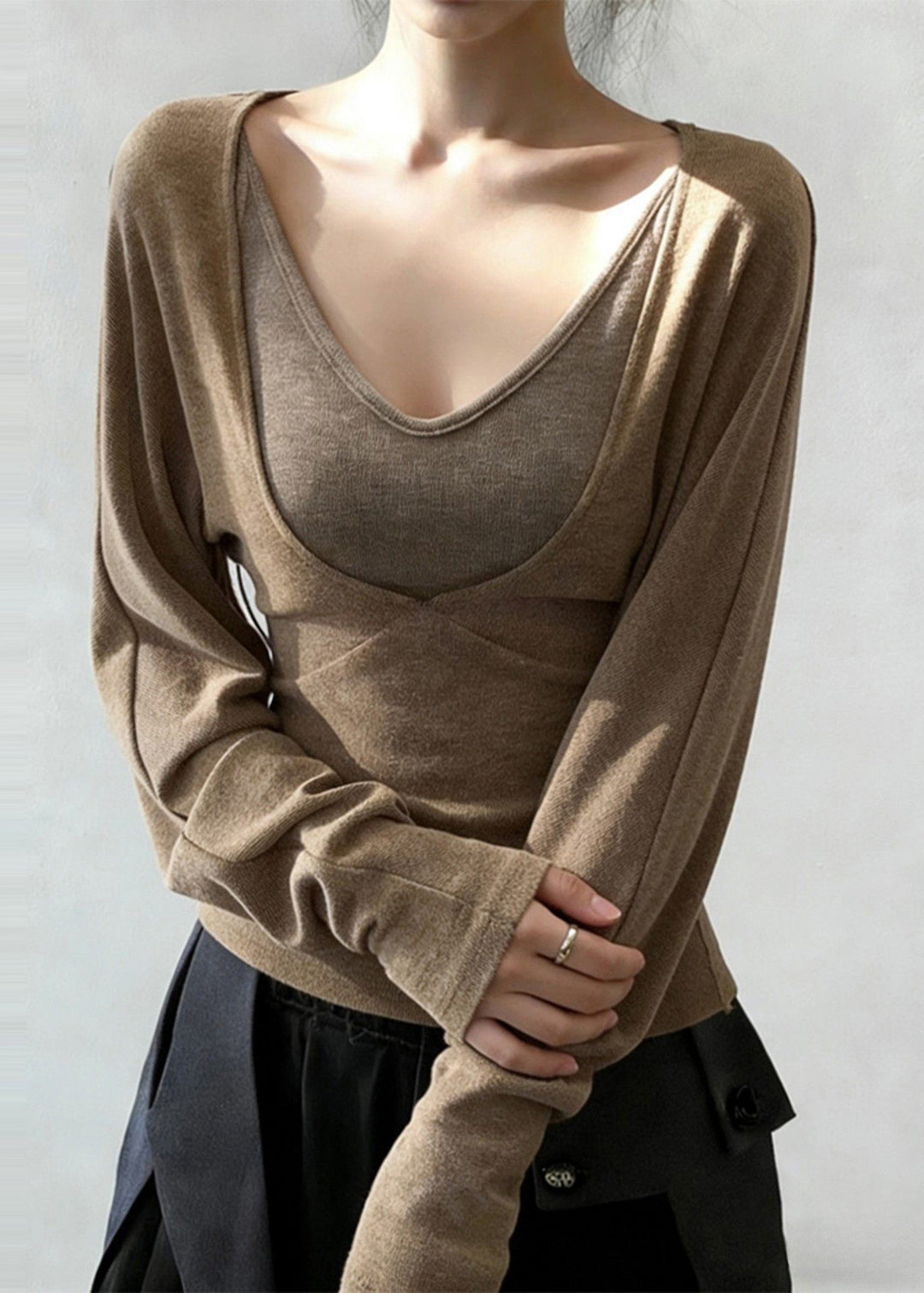 Boho Khaki V Neck Patchwork Cotton Shirt Tops Spring