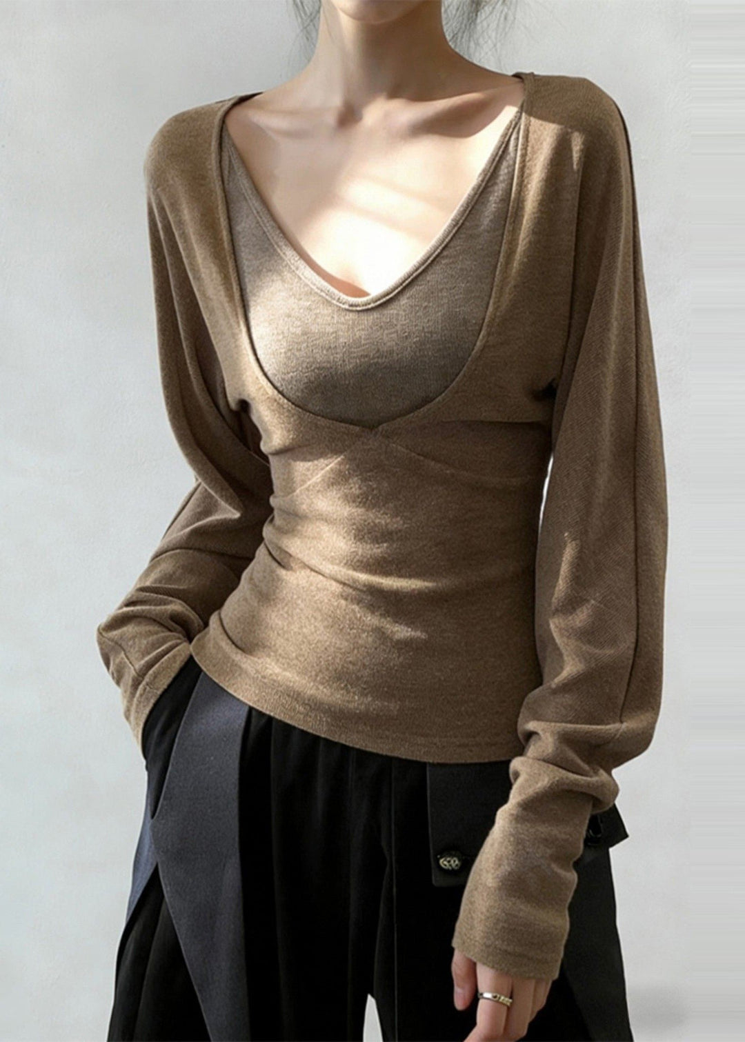 Boho Khaki V Neck Patchwork Cotton Shirt Tops Spring