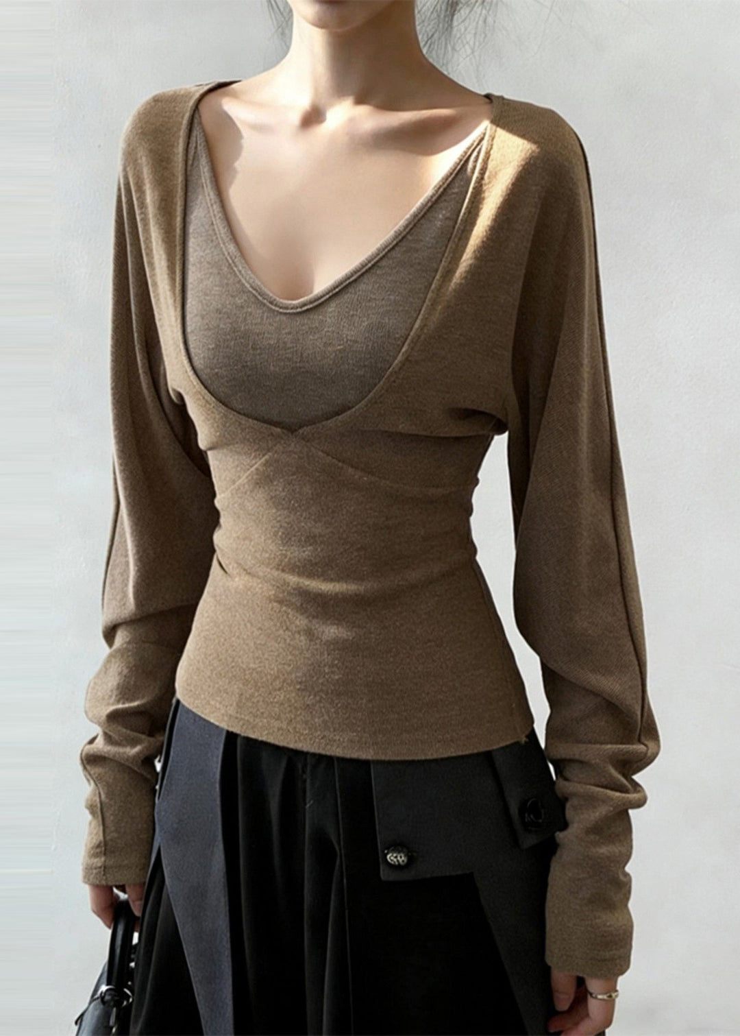 Boho Khaki V Neck Patchwork Cotton Shirt Tops Spring