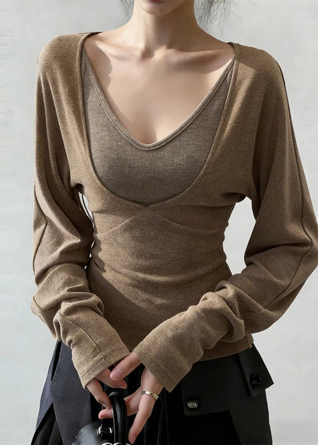 Boho Khaki V Neck Patchwork Cotton Shirt Tops Spring