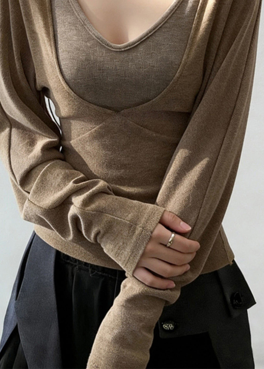 Boho Khaki V Neck Patchwork Cotton Shirt Tops Spring