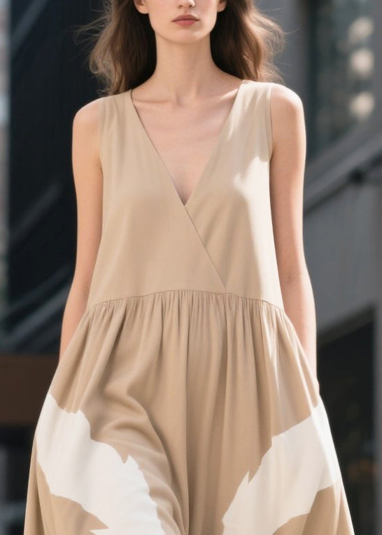 Boho Khaki V Neck Print Cotton Ankle Dress Summer
