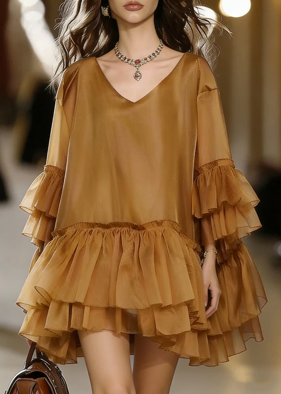 Boho Khaki V Neck Ruffles Chiffon Mid Dress Summer