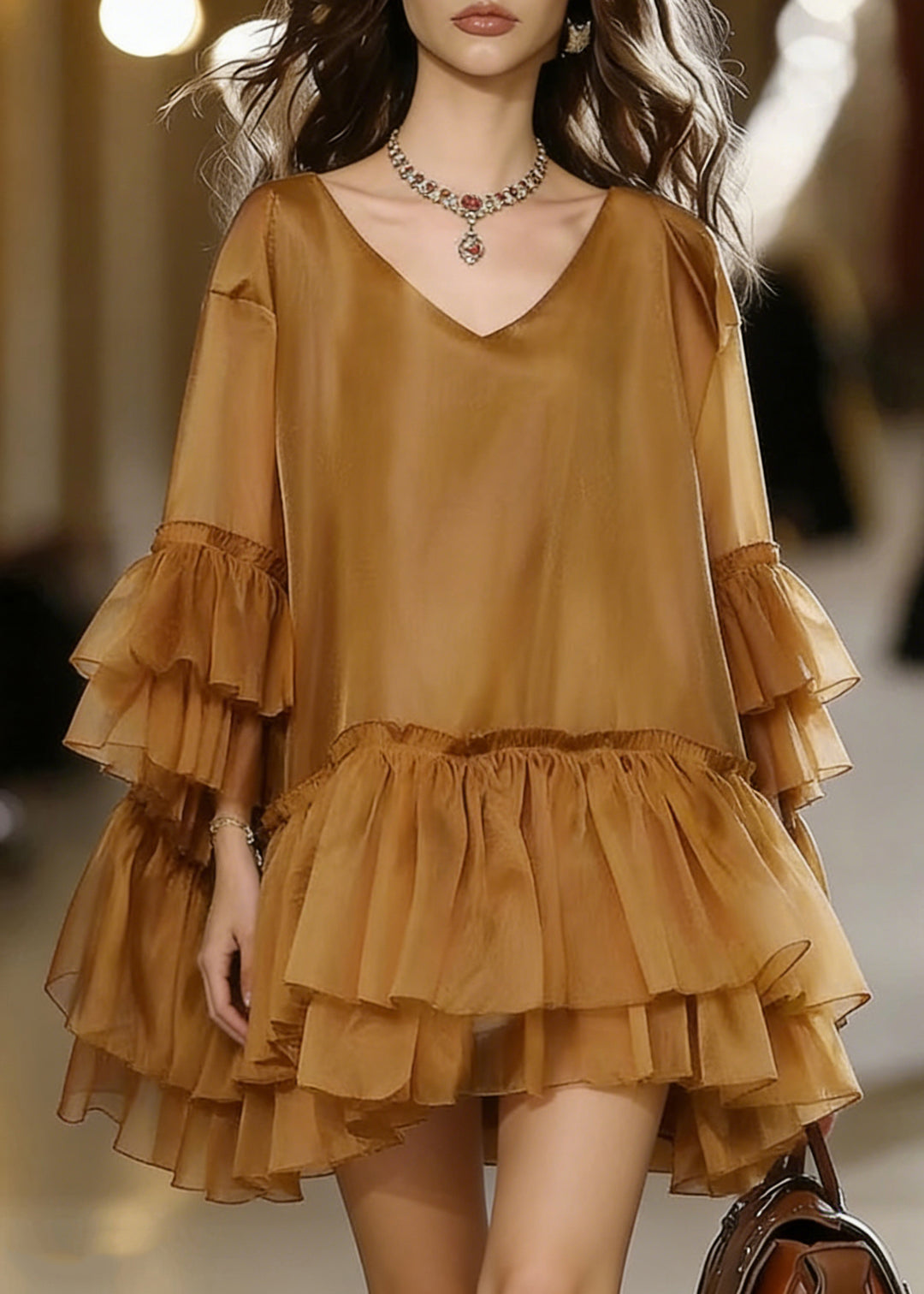 Boho Khaki V Neck Ruffles Chiffon Mid Dress Summer