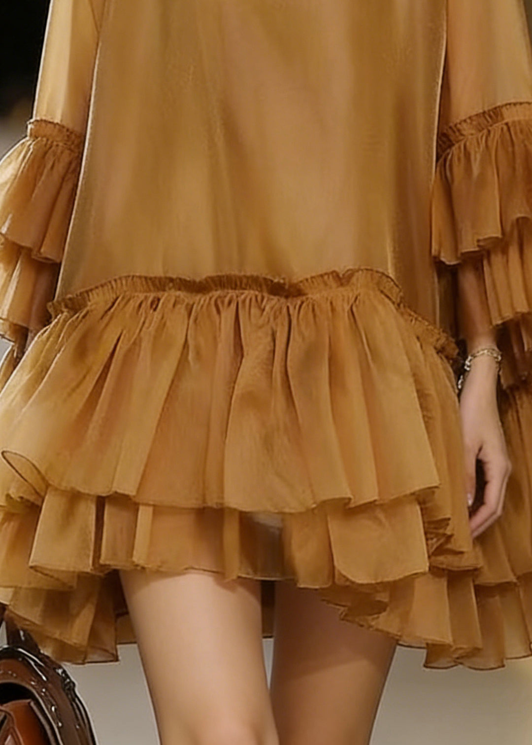 Boho Khaki V Neck Ruffles Chiffon Mid Dress Summer