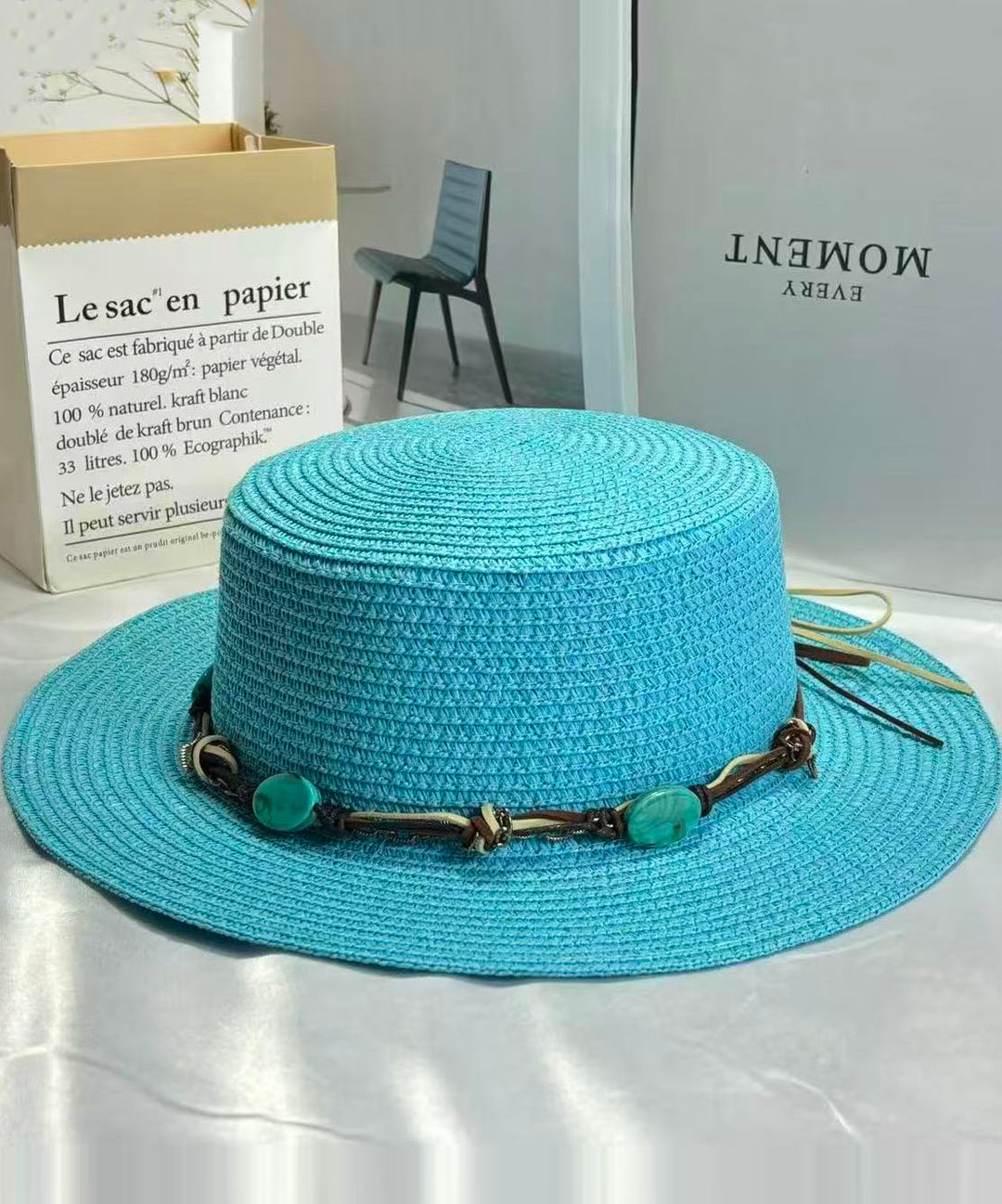 Boho Lake Blue Oversized Straw Woven Floppy Sun Hat