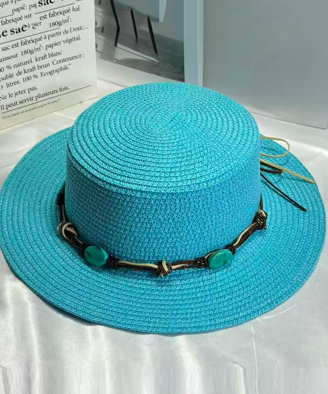 Boho Lake Blue Oversized Straw Woven Floppy Sun Hat