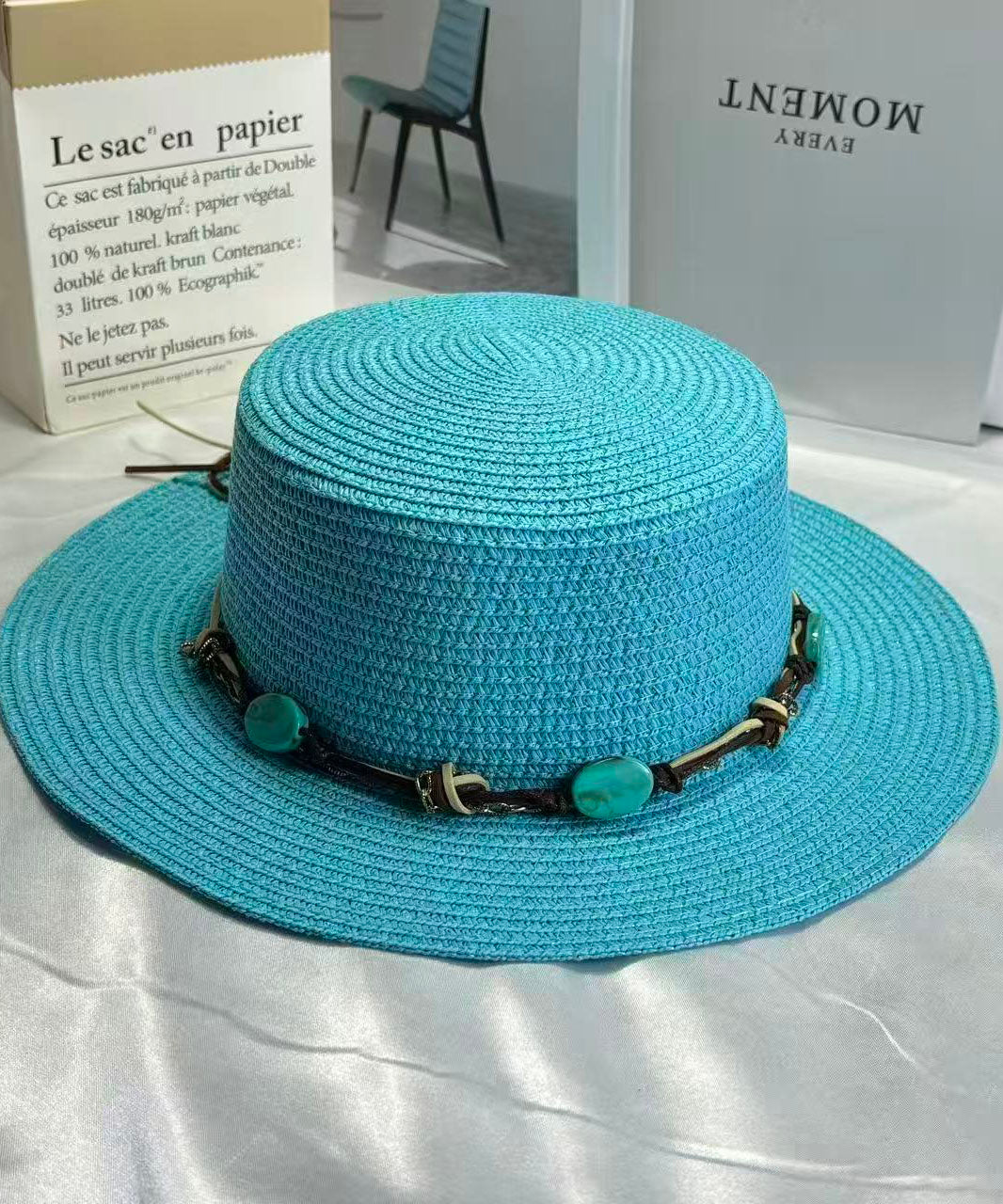 Boho Lake Blue Oversized Straw Woven Floppy Sun Hat