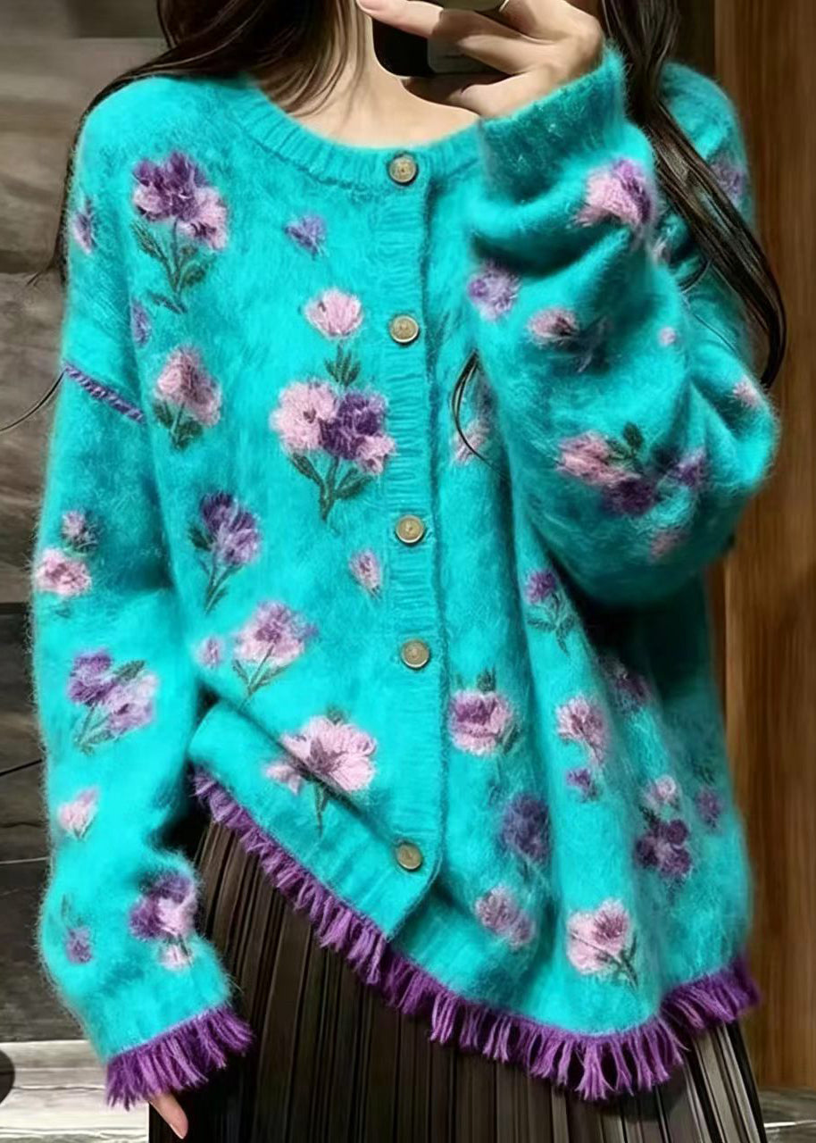 Boho Lake Green Floral Mink Hair Knitted Cardigan Fall
