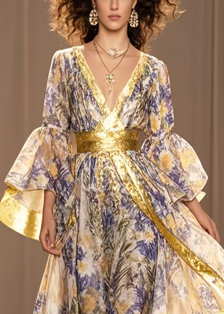 Boho Lavender Print Exra Large Hem Chiffon Tunic Dress Flare Sleeve