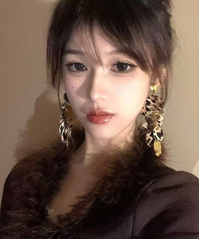 Boho Leopard Copper Cloth Sequins Tassel Drop Earrings