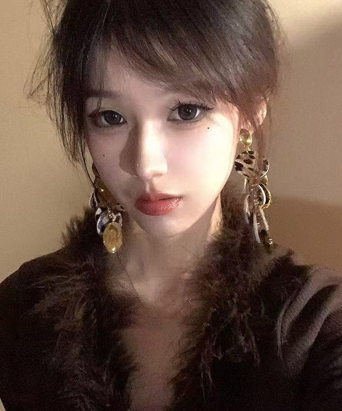 Boho Leopard Copper Cloth Sequins Tassel Drop Earrings