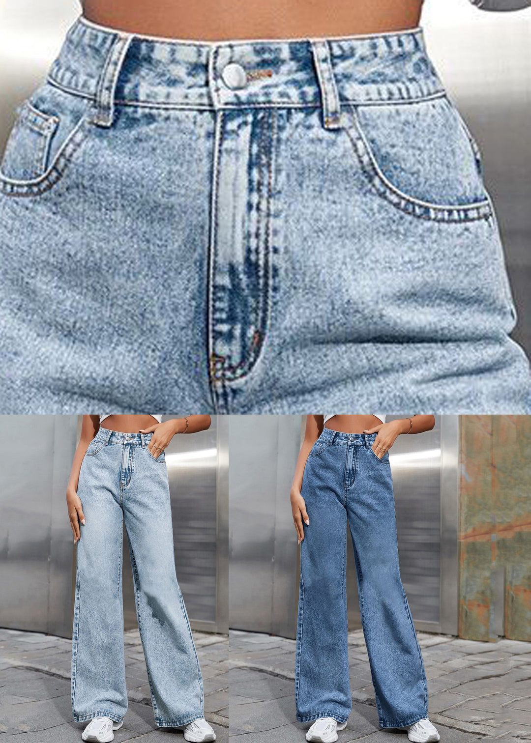 Boho Light Blue High Waist Straight Denim Pants Fall