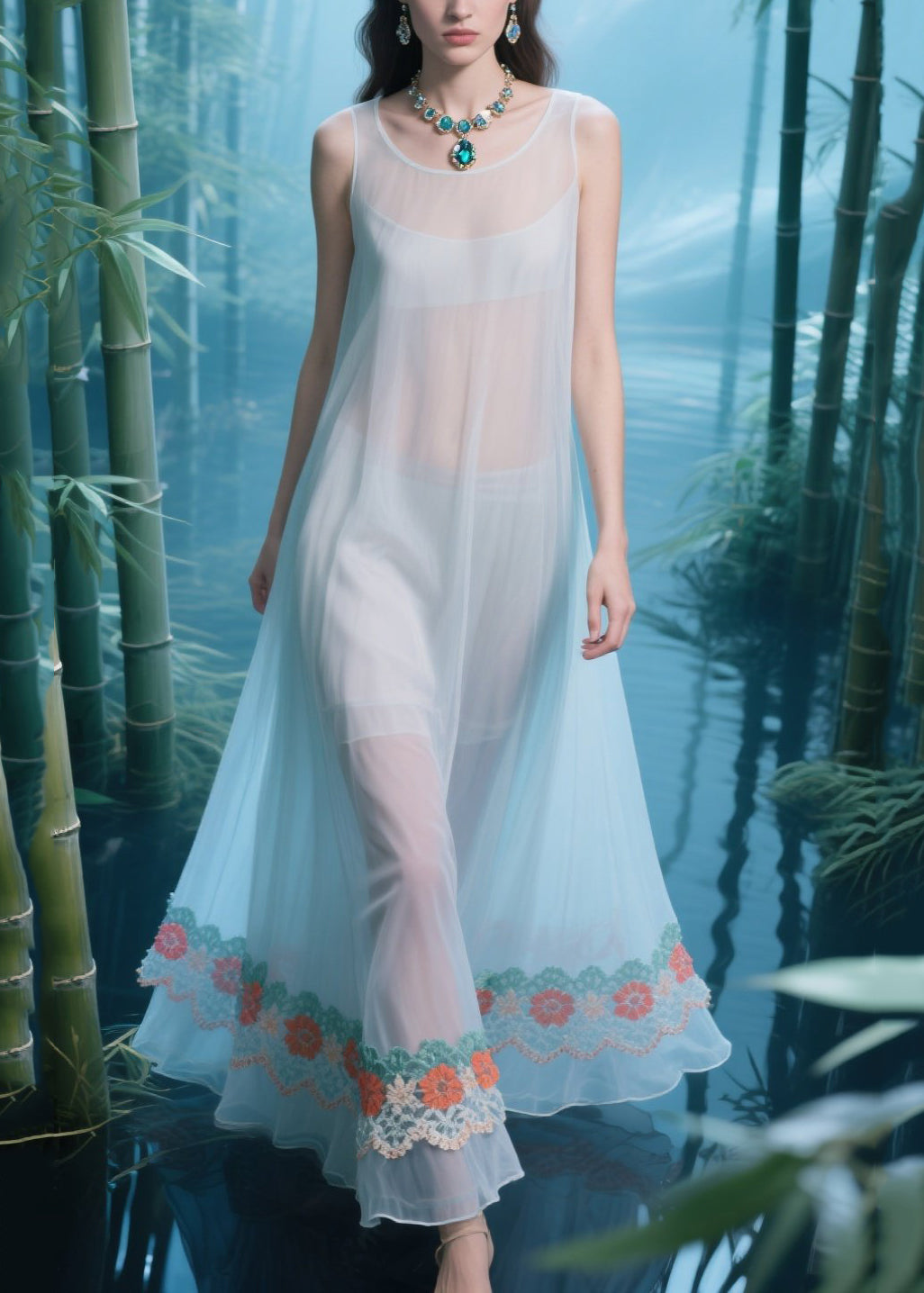 Boho Light Blue Oversized Patchwork Tulle Sheer Dresses Summer
