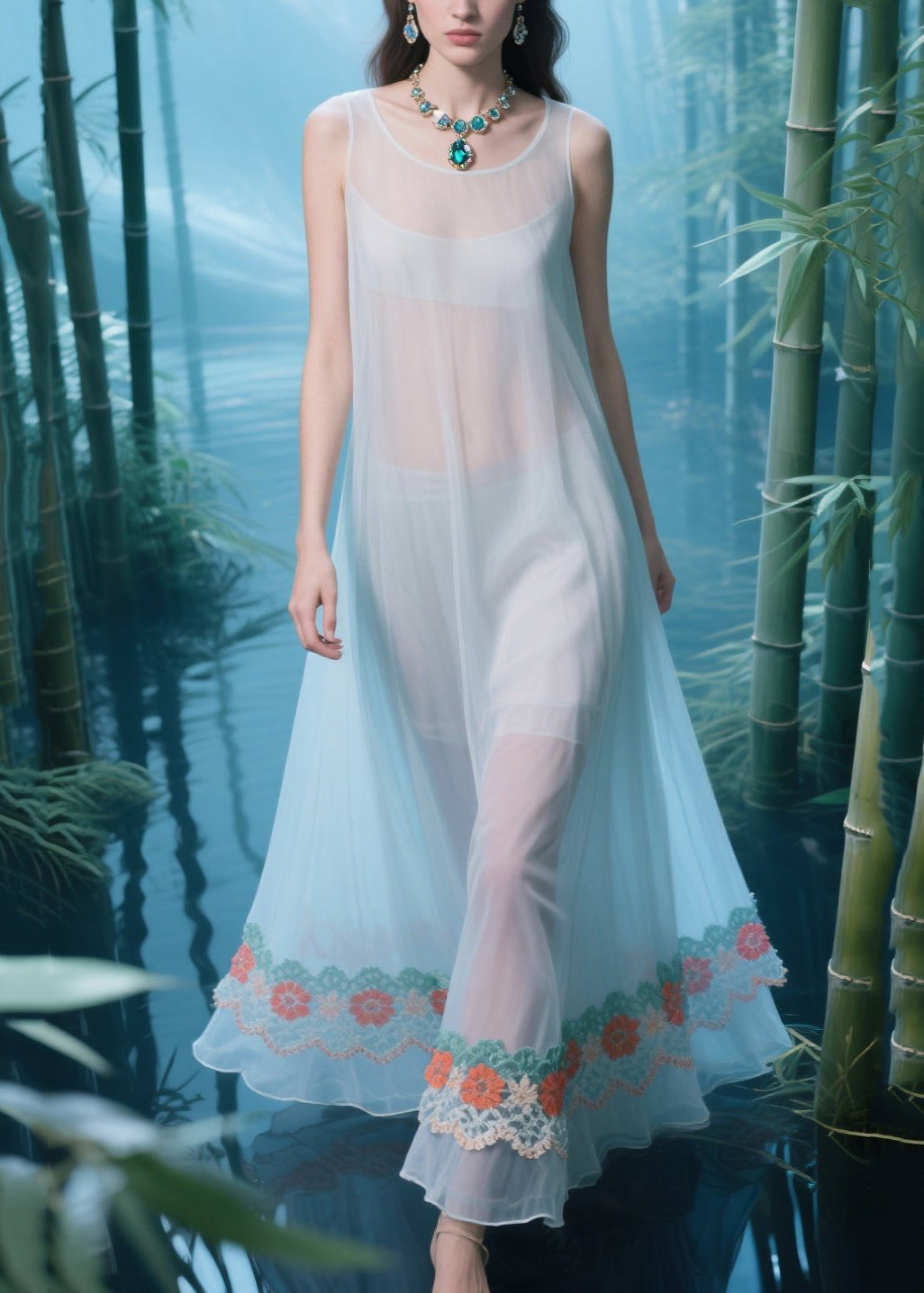 Boho Light Blue Oversized Patchwork Tulle Sheer Dresses Summer