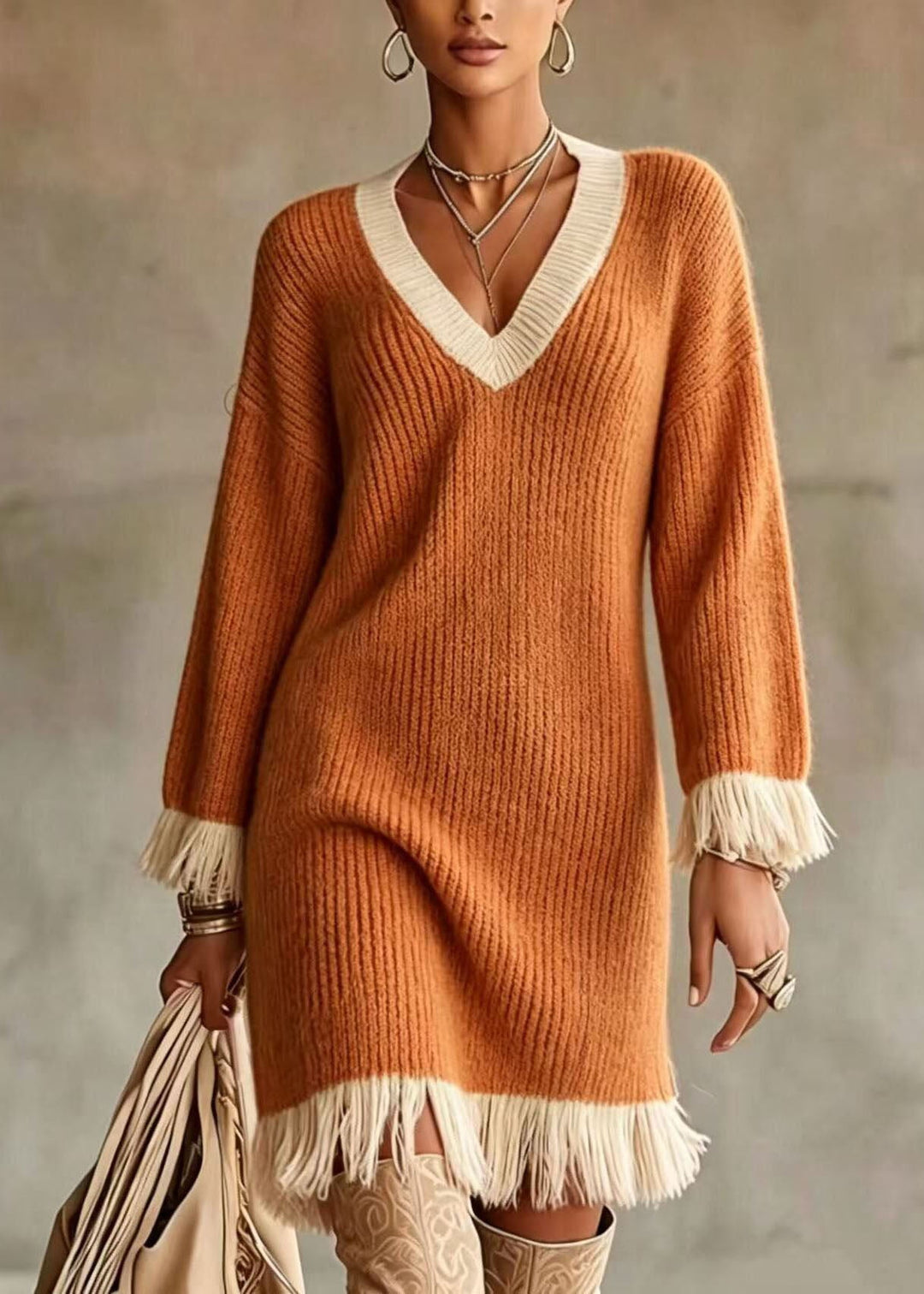 Boho Light Green V Neck Tassel Patchwork Cotton Knit Long Sweaters Dress Long Sleeve