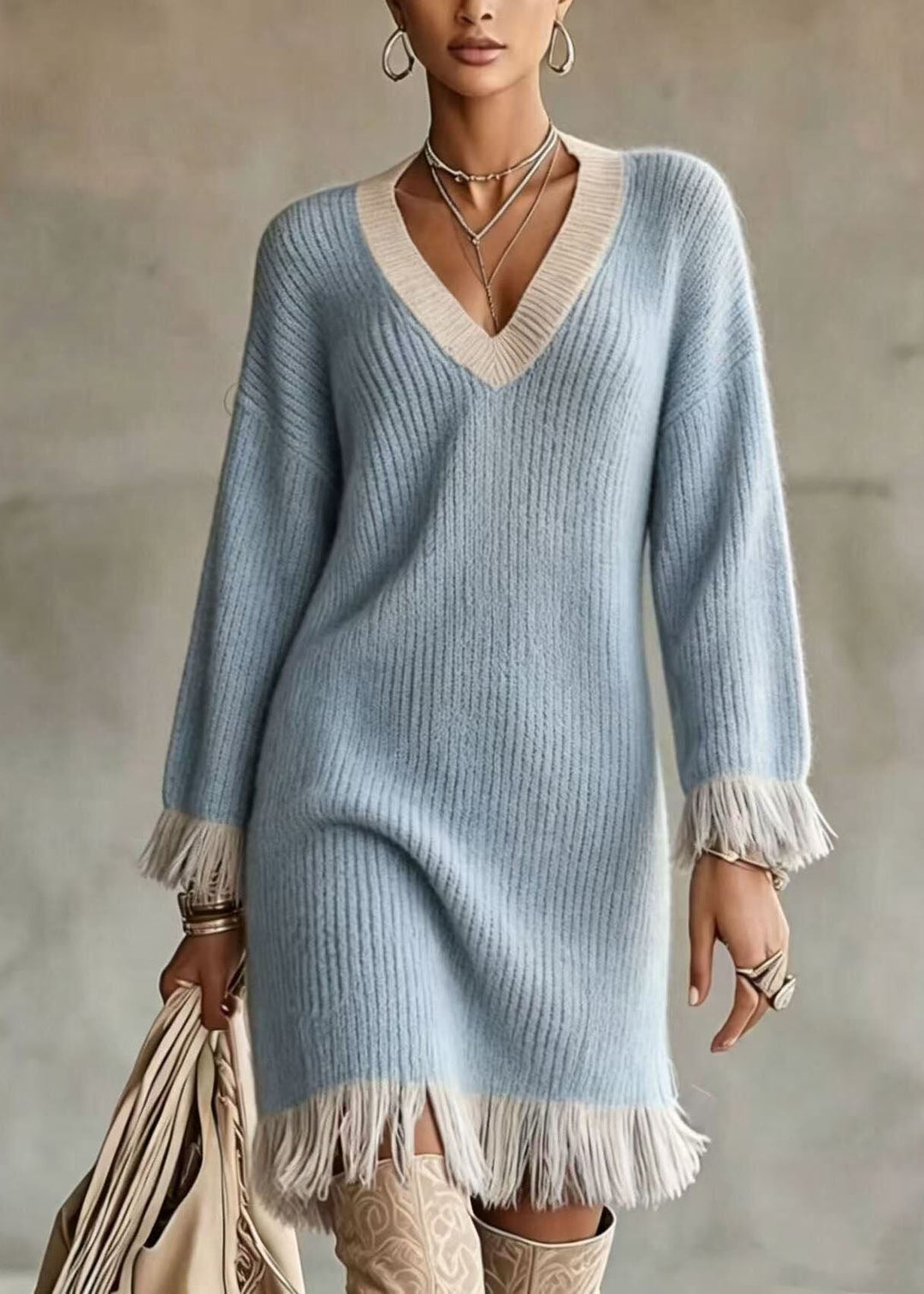 Boho Light Green V Neck Tassel Patchwork Cotton Knit Long Sweaters Dress Long Sleeve
