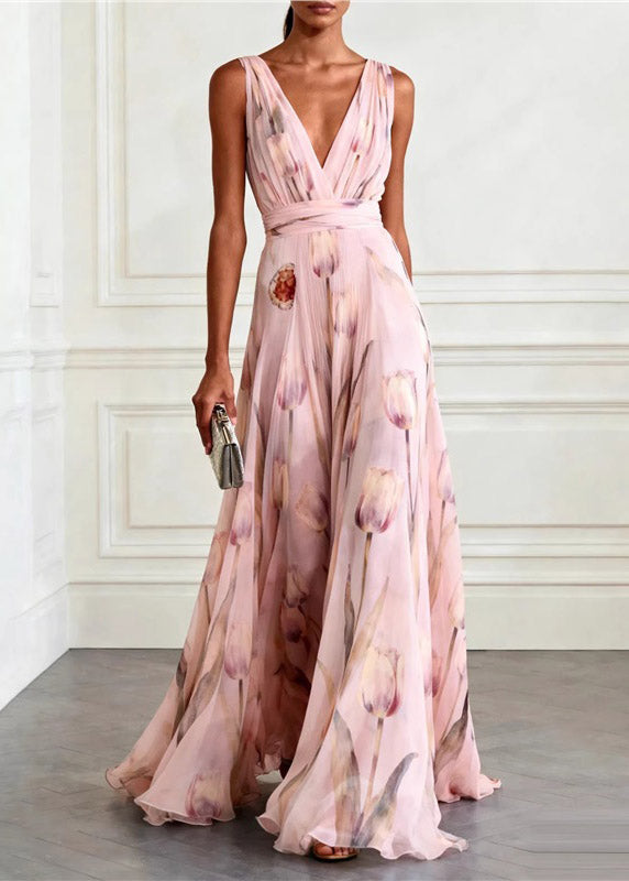 Boho Light Pink V Neck Print Long Spaghetti Strap Sundress Summer