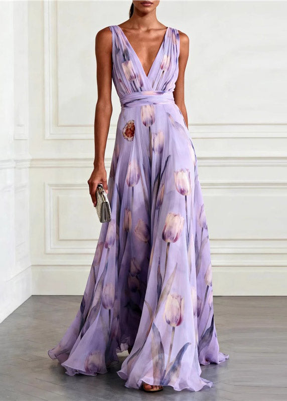 Boho Light Pink V Neck Print Long Spaghetti Strap Sundress Summer