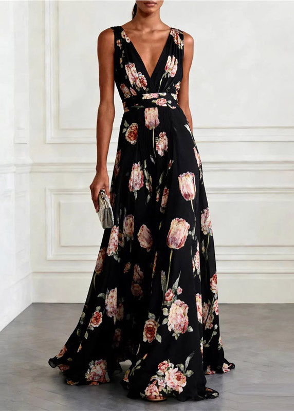 Boho Light Pink V Neck Print Long Spaghetti Strap Sundress Summer