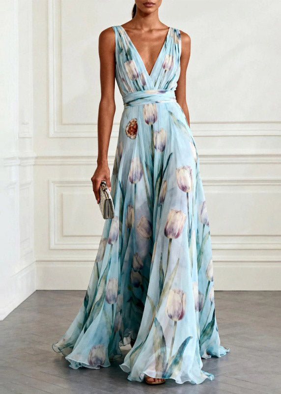 Boho Light Pink V Neck Print Long Spaghetti Strap Sundress Summer